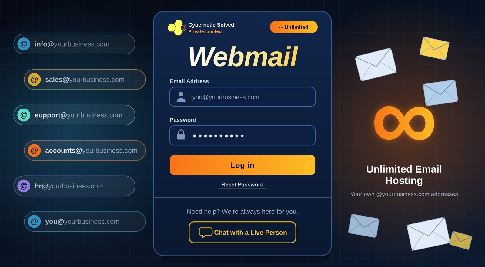 Webmail login window with email address and password fields, next to an infinity symbol and email addresses on your own domain