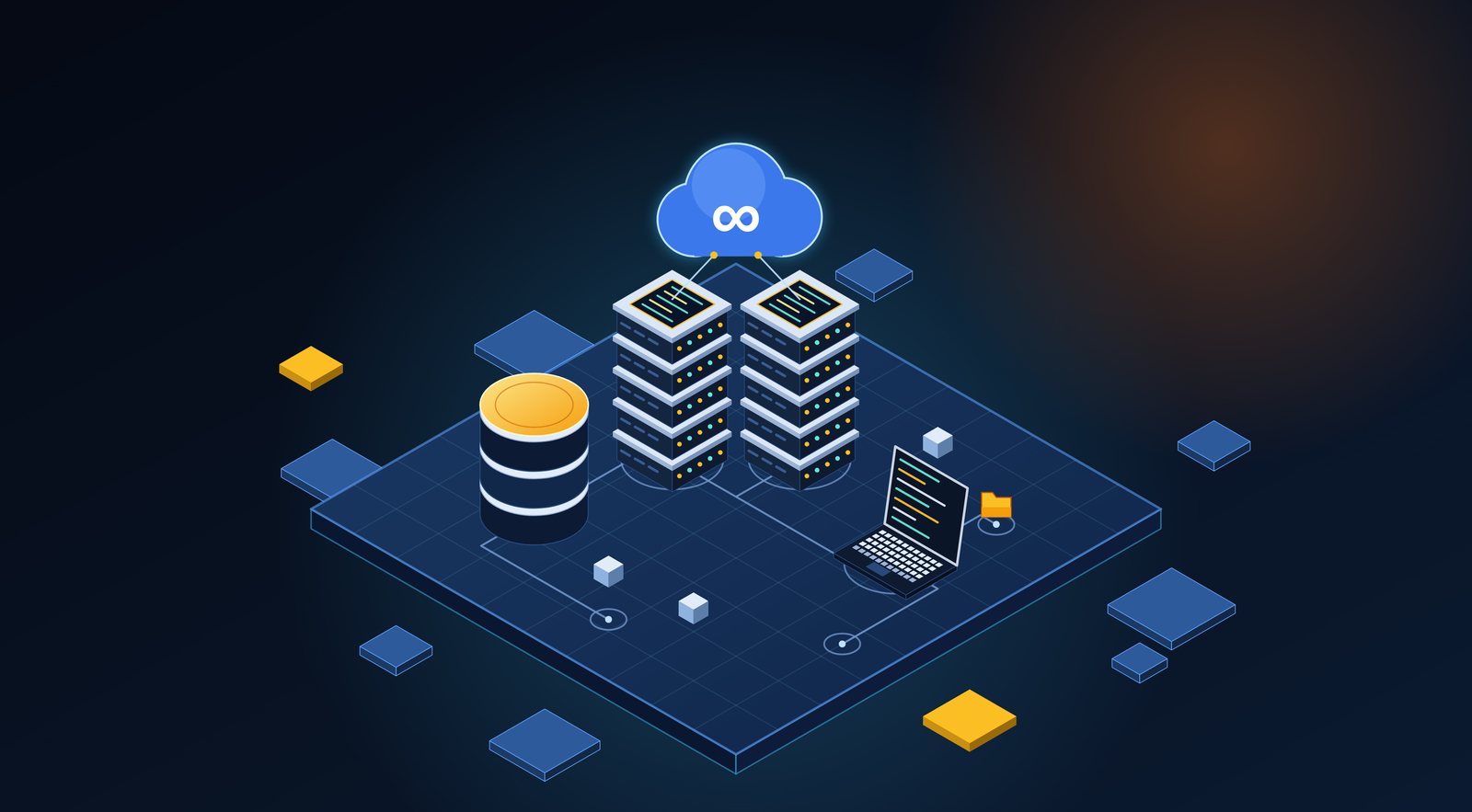 Isometric illustration of servers, a database, a cloud with an infinity symbol and a laptop